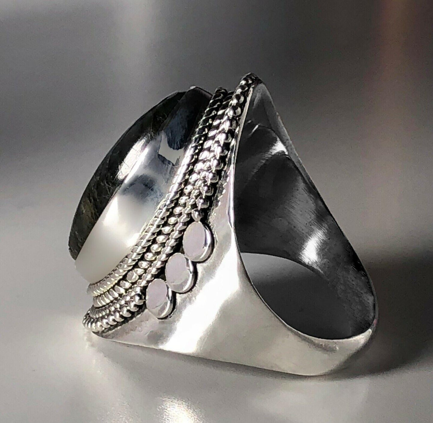 Chunky Marquise LABRADORITE 925 Sterling Silver Gemstone Ring RRP £41 Gift Box - Rios London