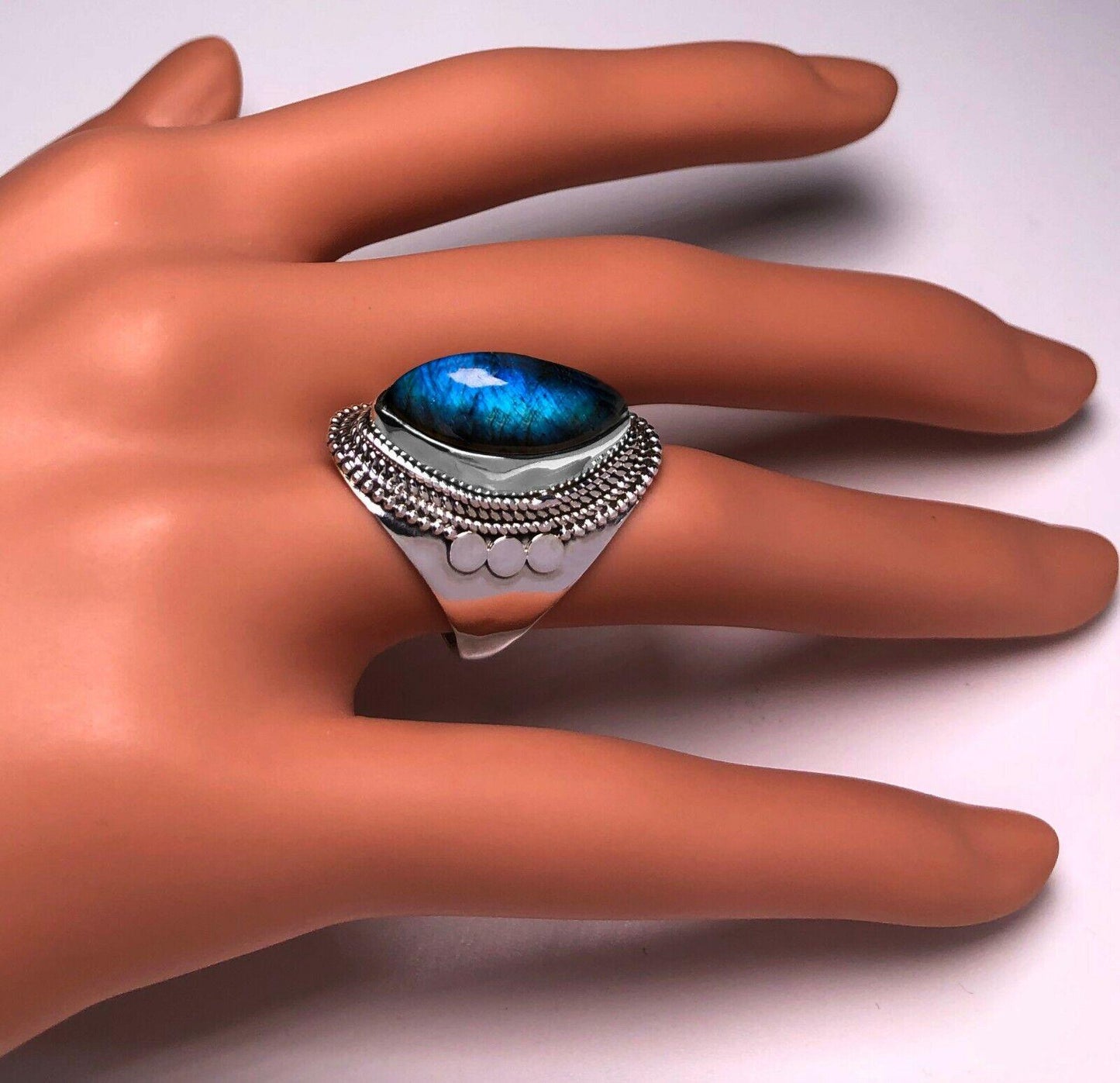 Chunky Marquise LABRADORITE 925 Sterling Silver Gemstone Ring RRP £41 Gift Box - Rios London