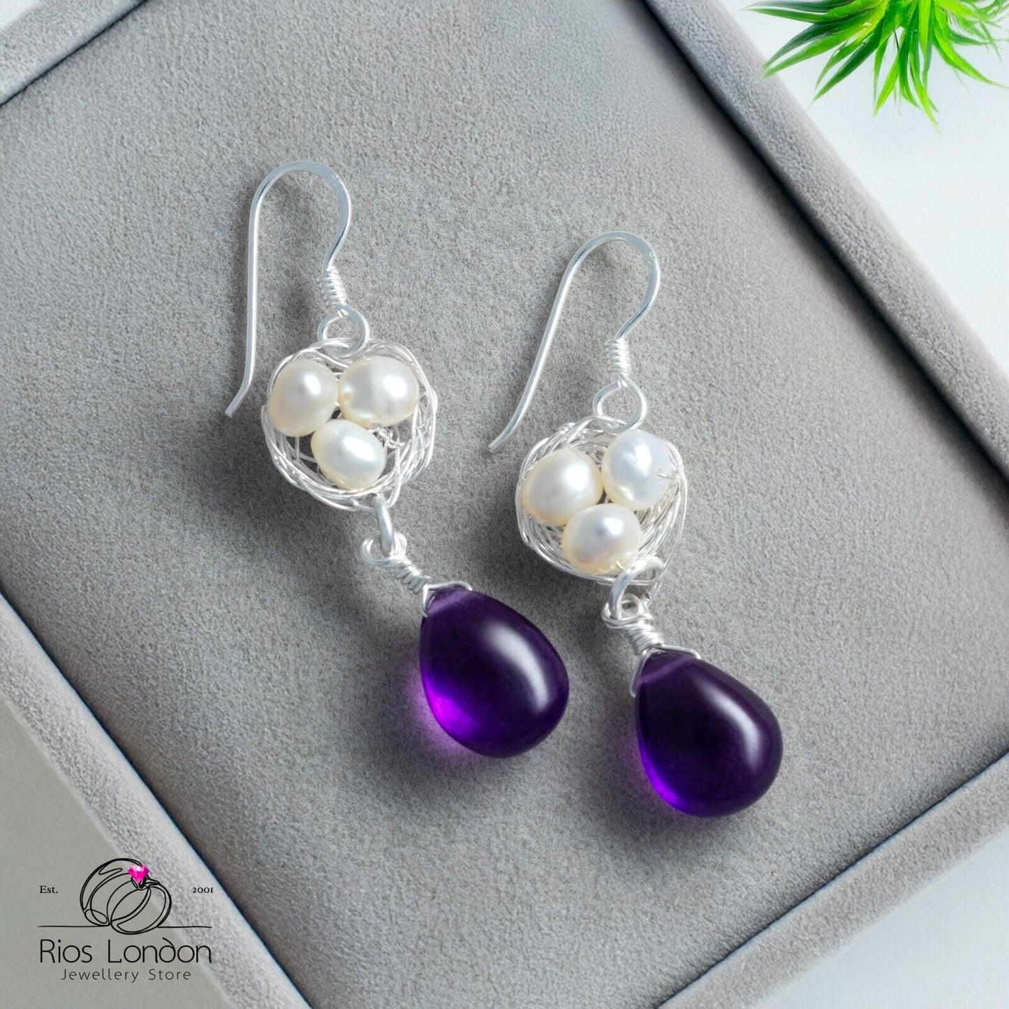 Sterling Silver Birds Nest Dangle Earrings with Natural Amethyst & Pearls, Boxed