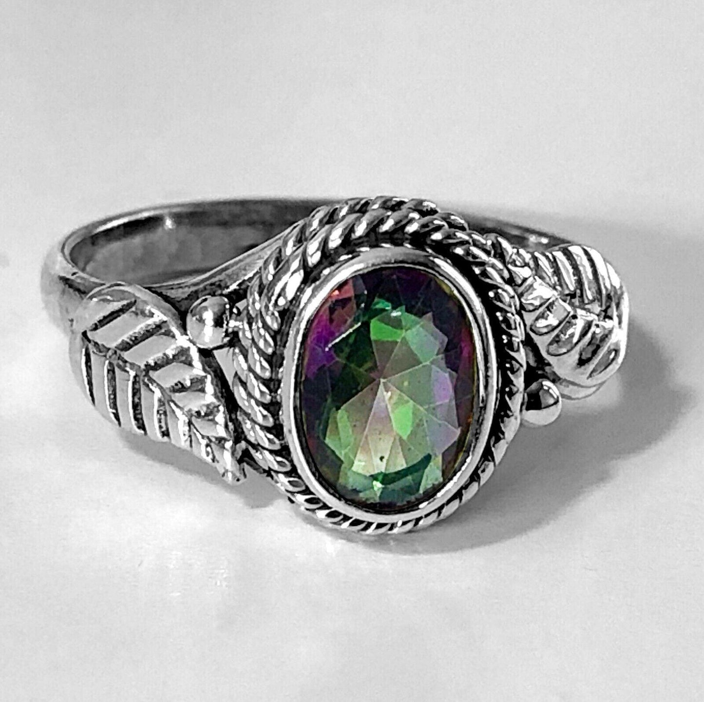 Designer Leaf Mystic Fire TOPAZ 925 Sterling Silver Facet Cut Gemstone Ring Gift - Rios London