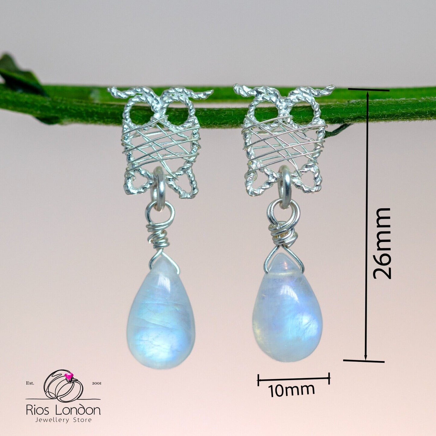 Sterling Silver Wire-Wrapped Owl Earrings with Natural Rainbow Moonstone, Boxed
