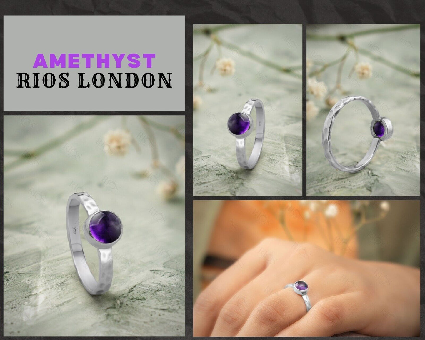 Hammered 925 Sterling Silver Natural Moonstone | Amethyst | Turquoise | Red Garnet | Black Onyx | Green Peridot Gemstone Ring Gift Boxed