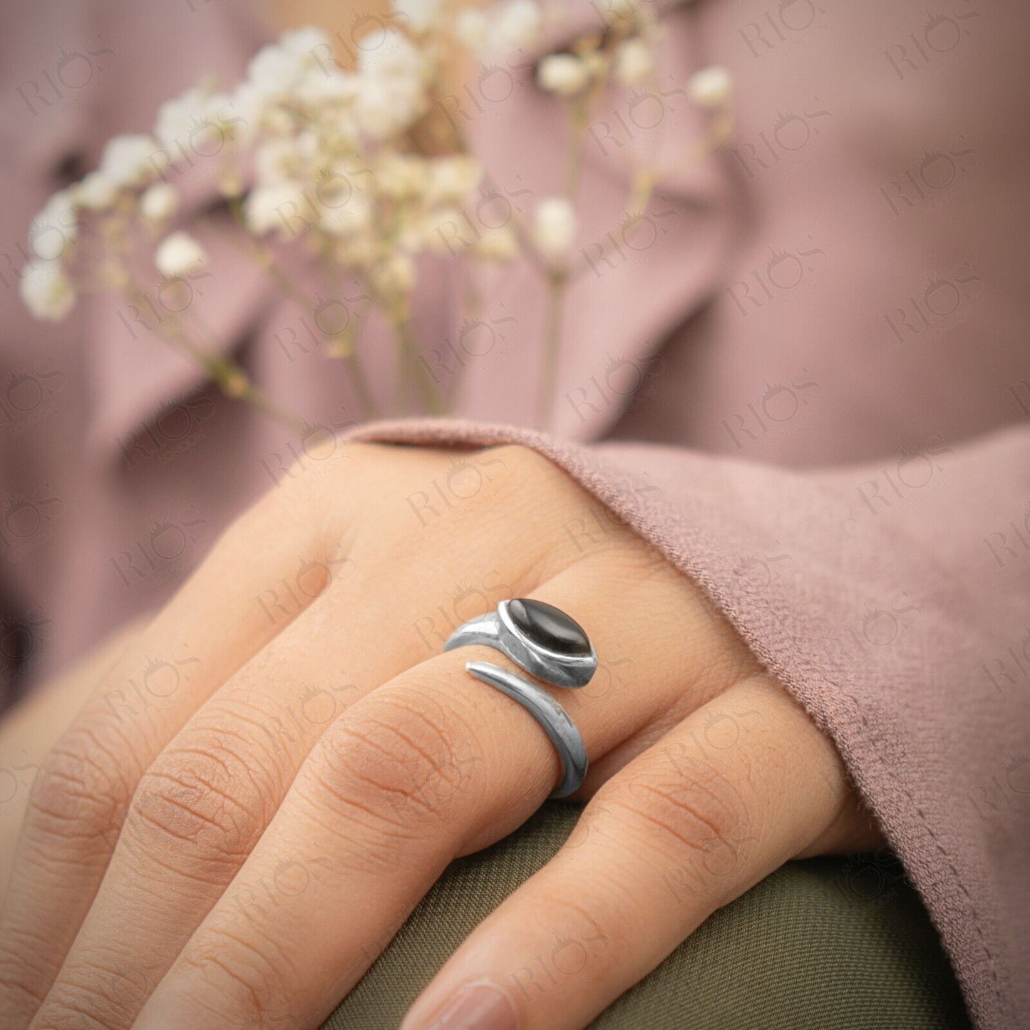 Stunning 925 Sterling Silver Onyx Gemstone Snake Adjustable Ring Gift In Box