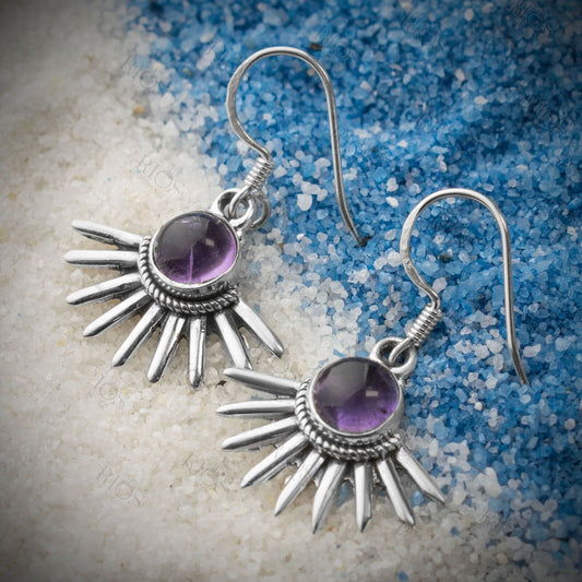 925 Sterling Silver Natural Amethyst Purple Gothic Spiky Earrings - Gift Boxed