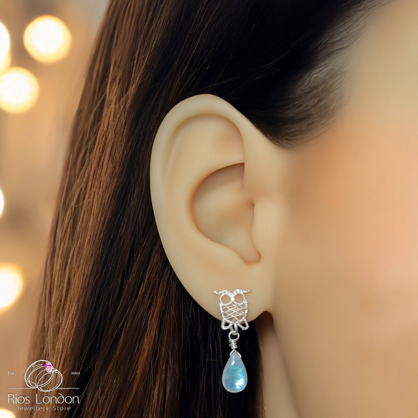 Sterling Silver Wire-Wrapped Owl Earrings with Natural Rainbow Moonstone, Boxed