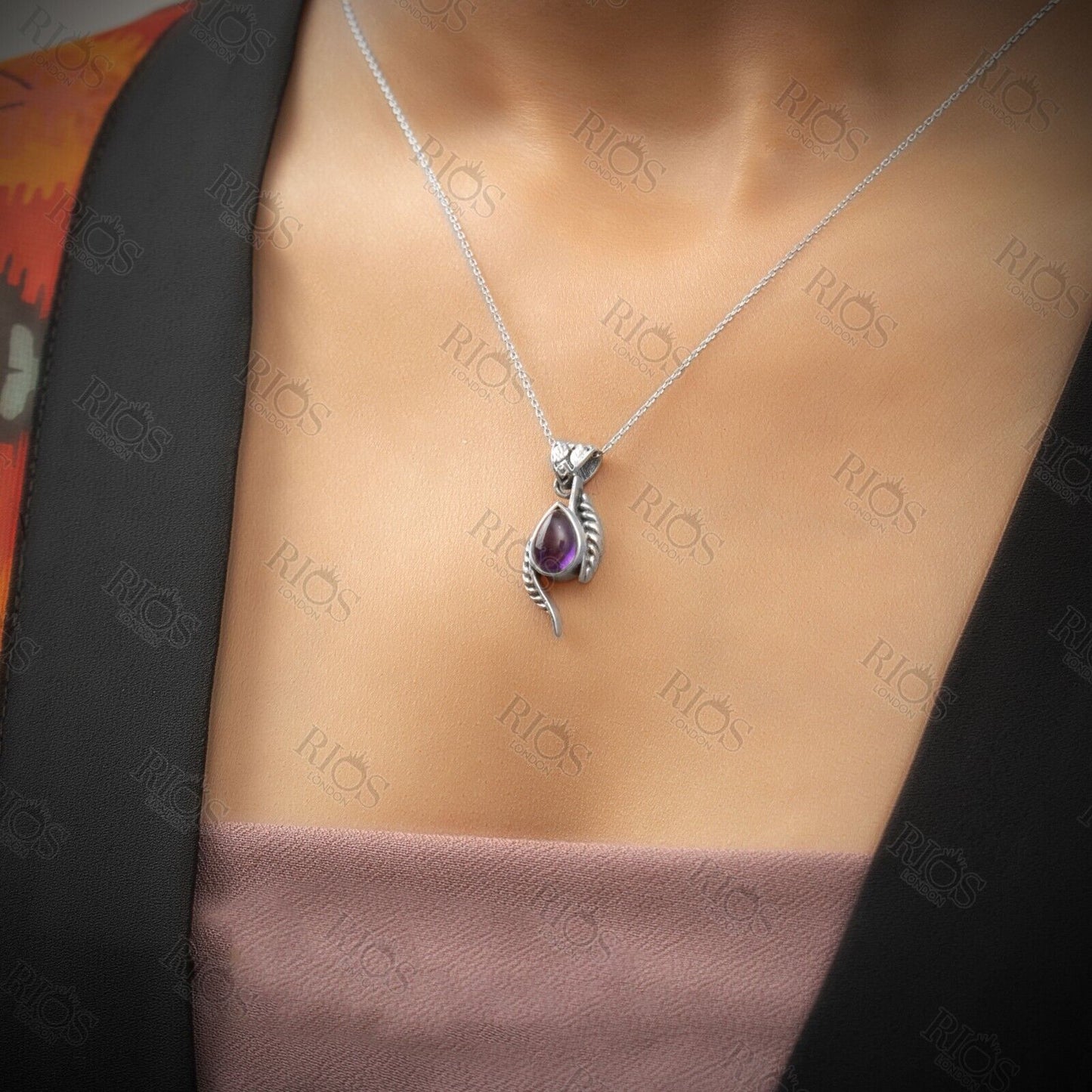 Handmade 925 Sterling Silver Natural Amethyst Leaf Necklace For Women Gift Boxed
