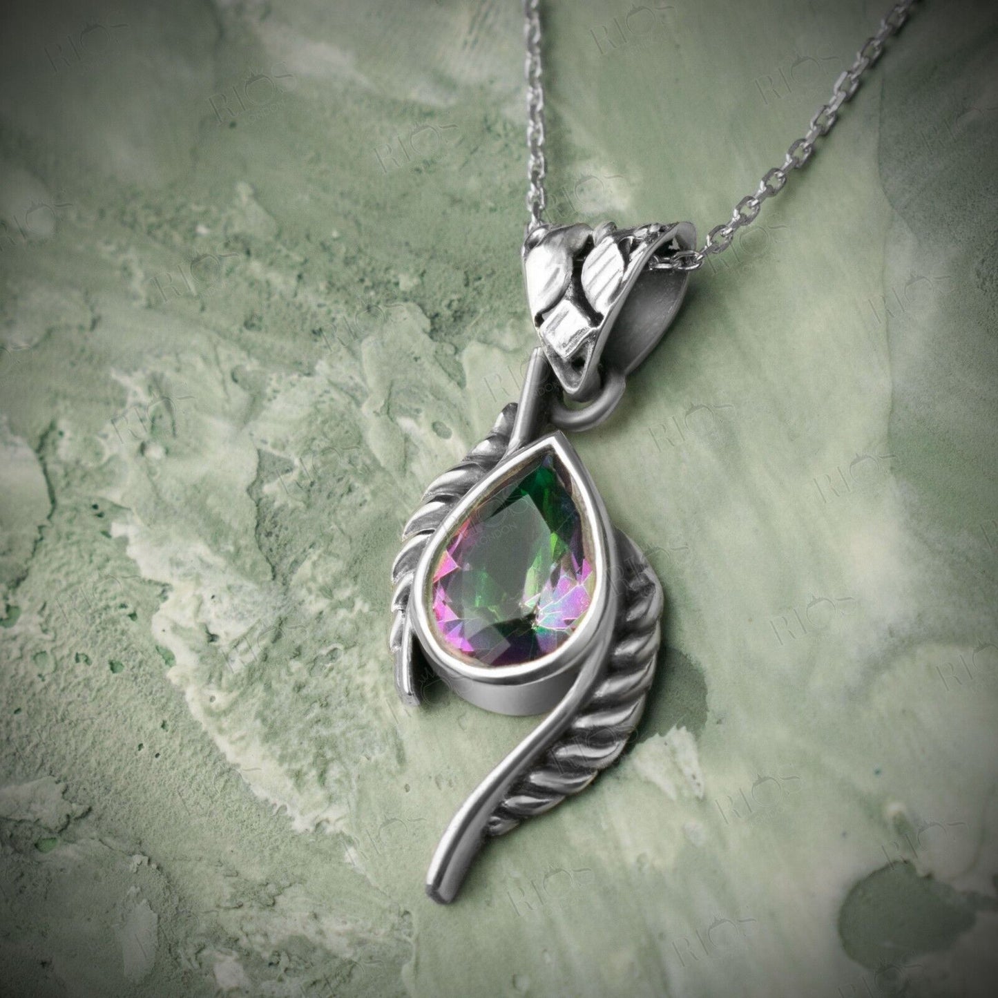 Handmade 925 Sterling Silver Mystic Fire Topaz Leaf Necklace For Women Boxed