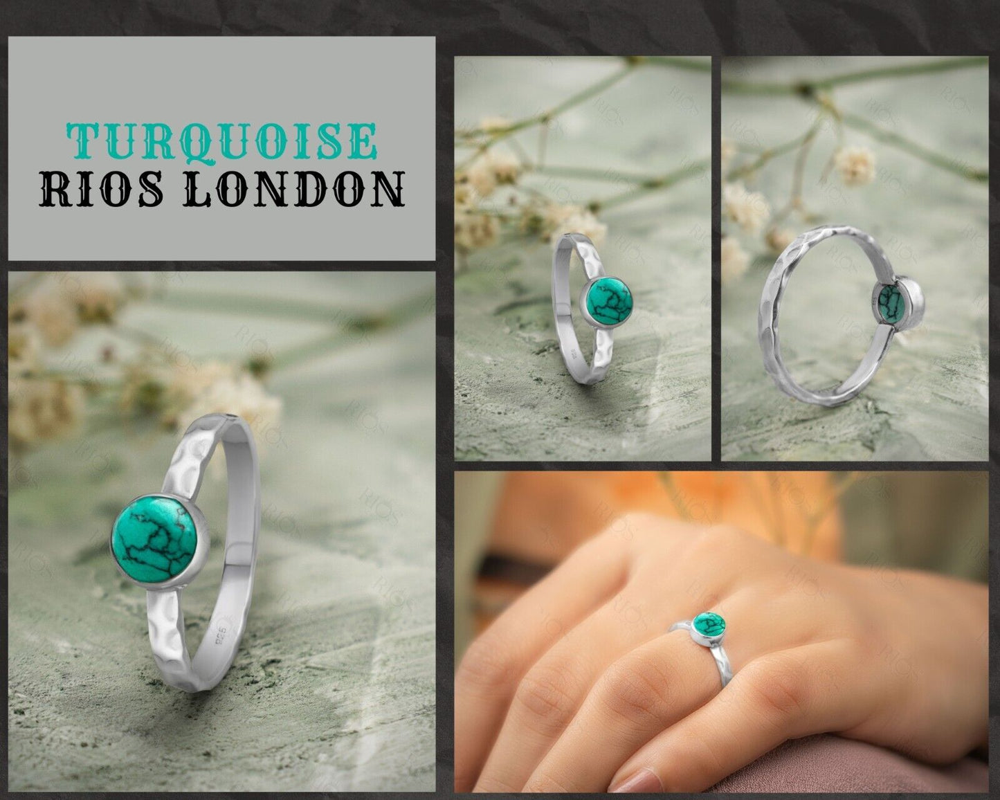 Hammered 925 Sterling Silver Natural Moonstone | Amethyst | Turquoise | Red Garnet | Black Onyx | Green Peridot Gemstone Ring Gift Boxed