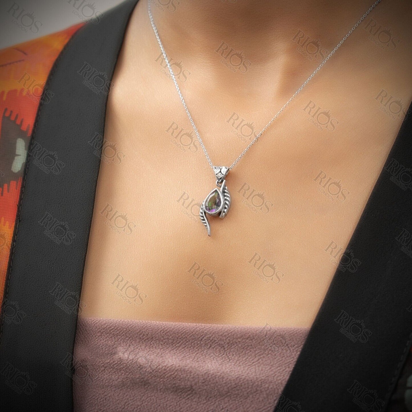 Handmade 925 Sterling Silver Mystic Fire Topaz Leaf Necklace For Women Boxed