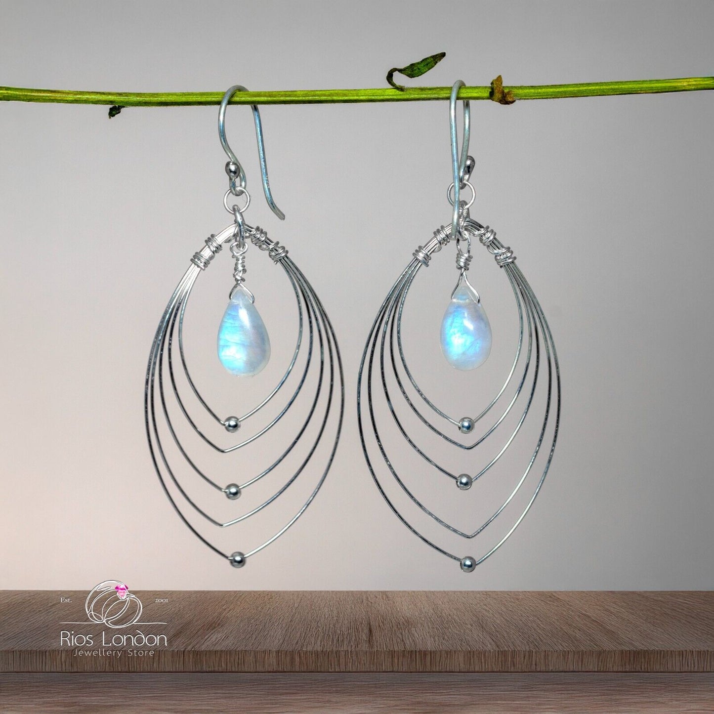925 Sterling Silver Moonstone Marquise Orbiting Planets Hoop Earrings, Boxed
