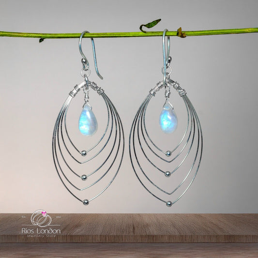 925 Sterling Silver Moonstone Marquise Orbiting Planets Hoop Earrings, Boxed