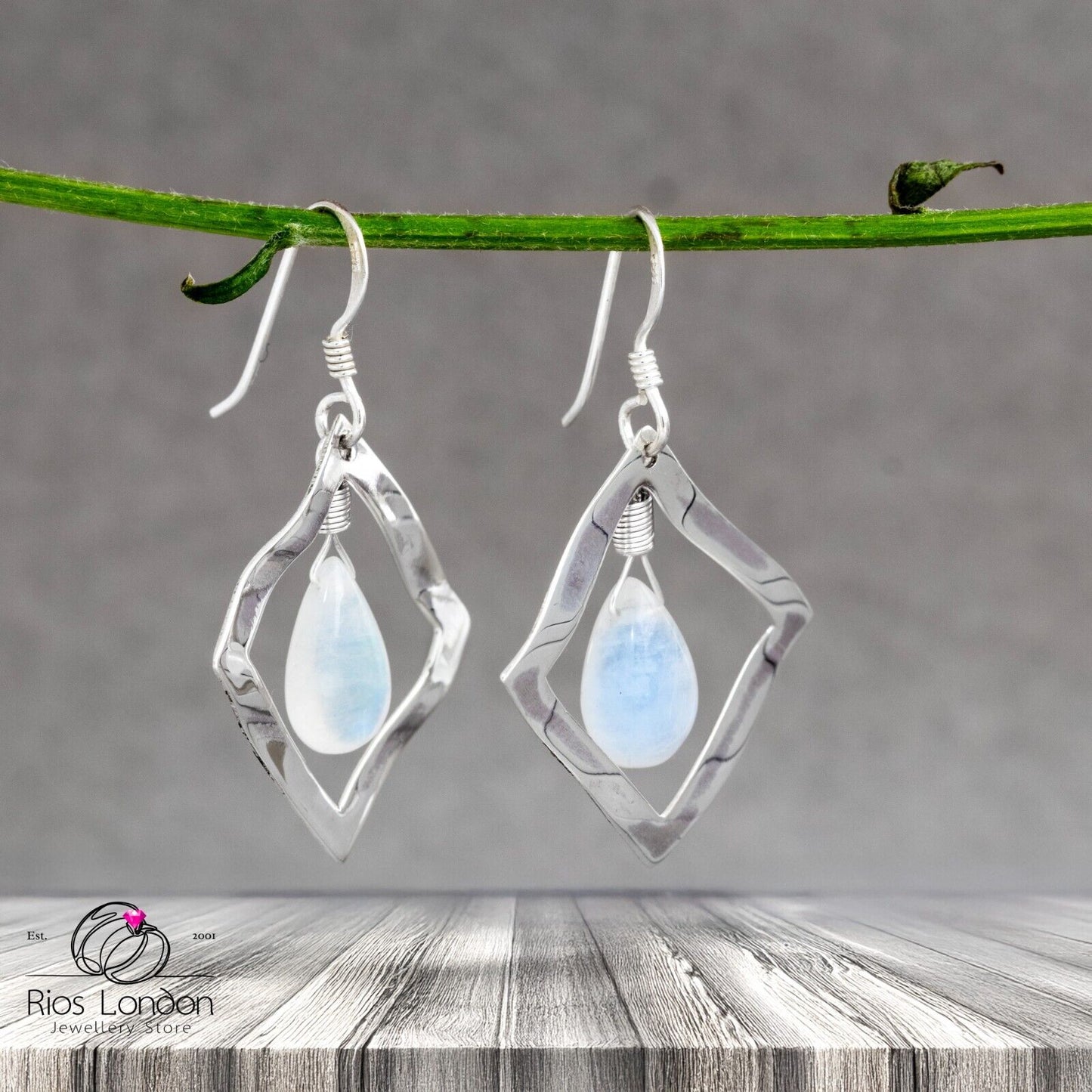925 Sterling Silver Moonstone Square Frame Teardrop Dangle Earrings โ Gift Boxed
