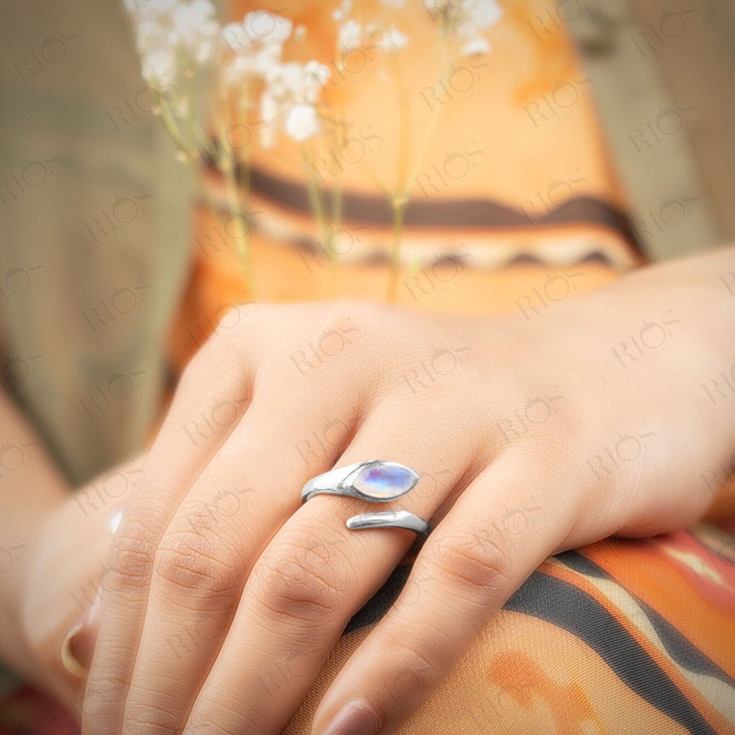 925 Sterling Silver Natural Moonstone Gemstone Snake Adjustable Ring Gift in Box