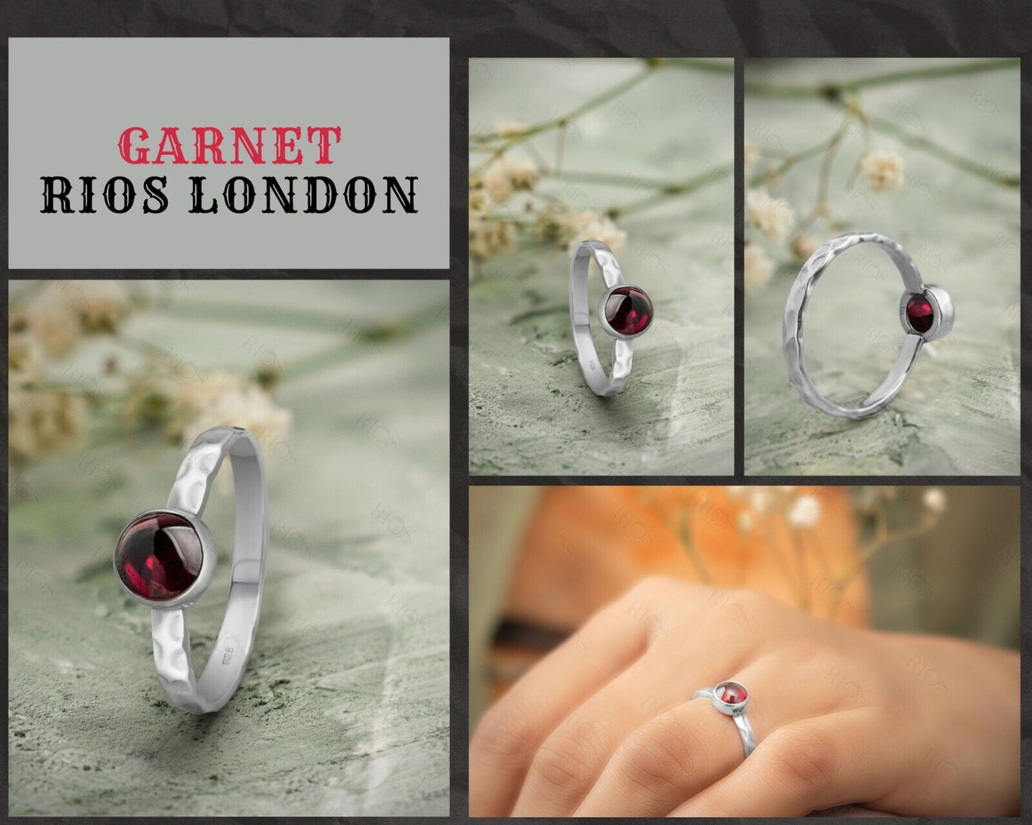 Hammered 925 Sterling Silver Natural Moonstone | Amethyst | Turquoise | Red Garnet | Black Onyx | Green Peridot Gemstone Ring Gift Boxed