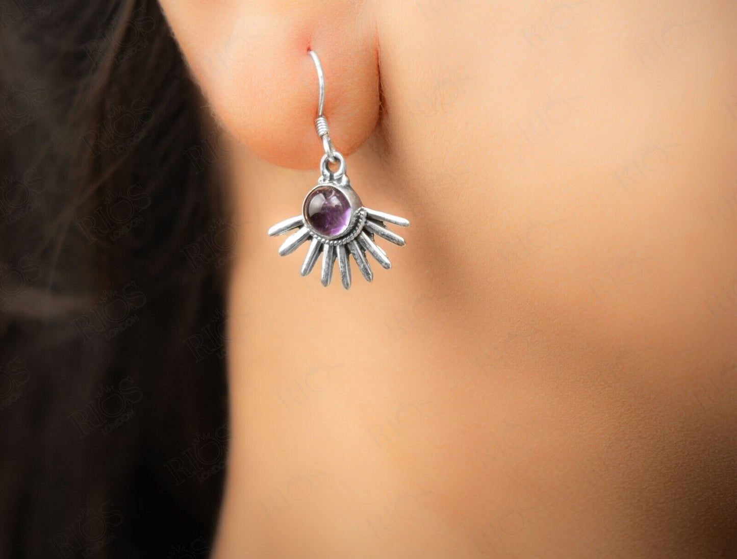 925 Sterling Silver Natural Amethyst Purple Gothic Spiky Earrings - Gift Boxed
