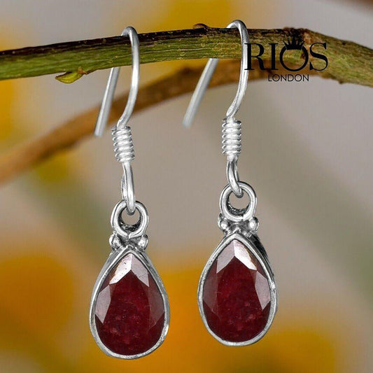 925 Sterling Silver Ruby Earrings Dangle Hook Ear Red Tear Drop Gift Boxed