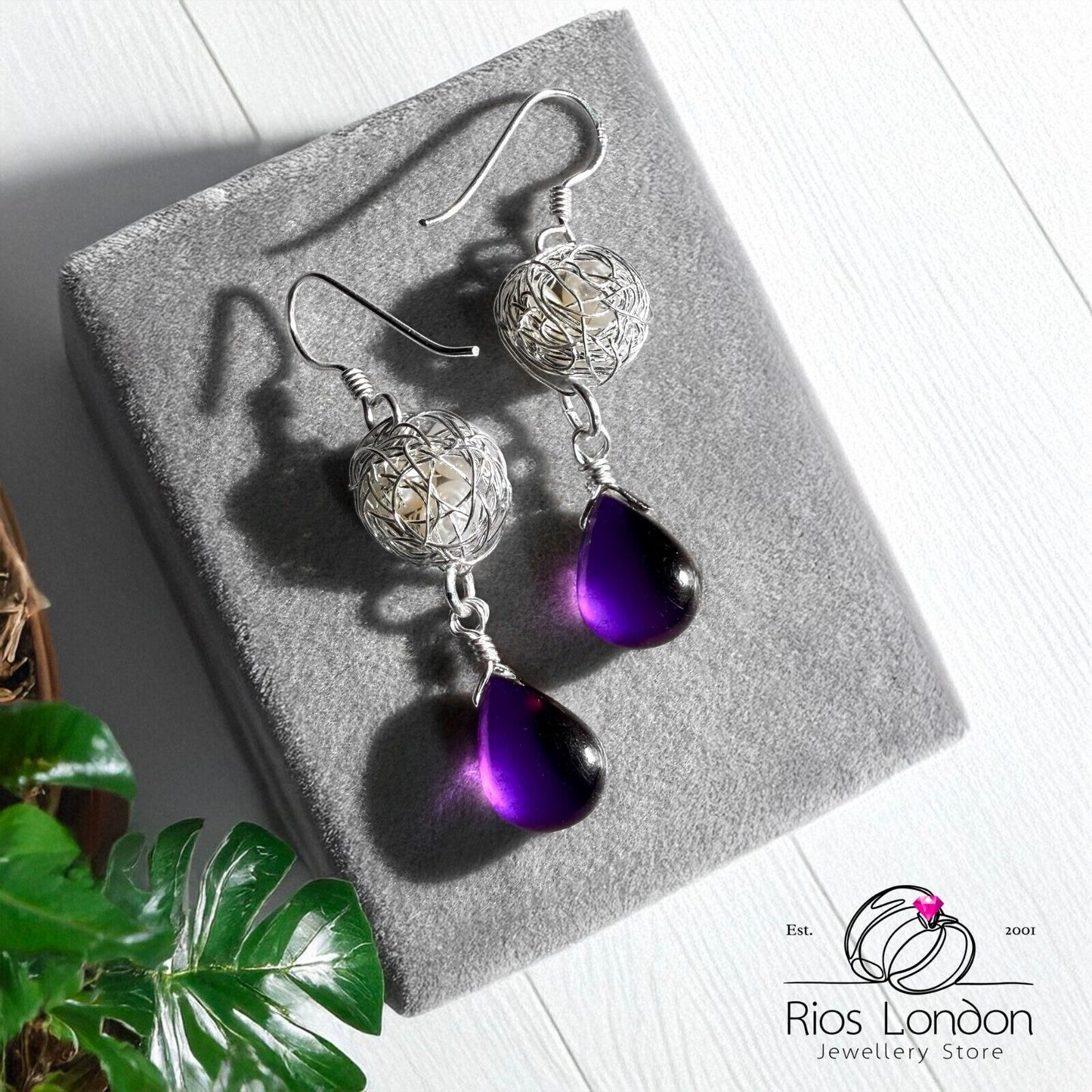 Sterling Silver Birds Nest Dangle Earrings with Natural Amethyst & Pearls, Boxed