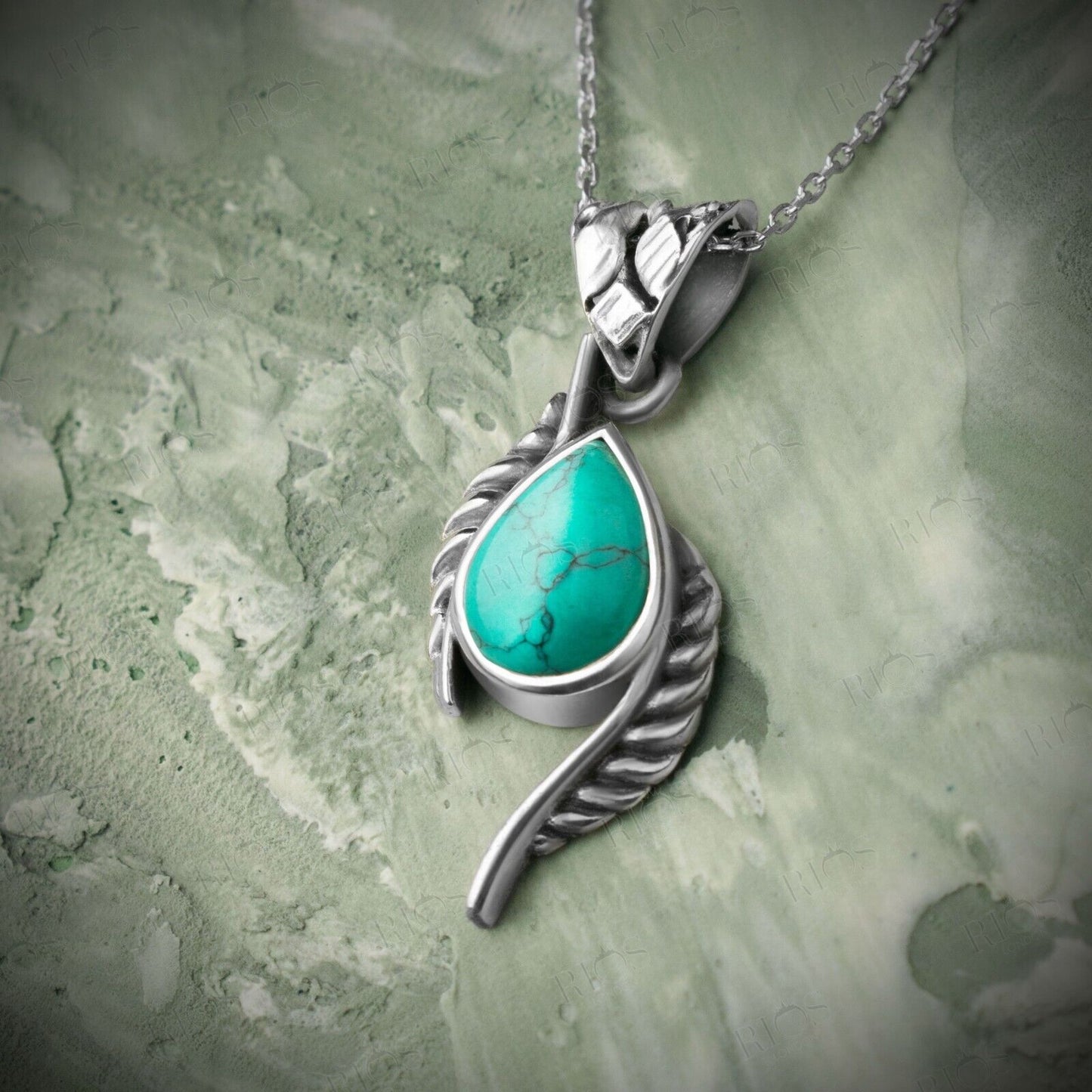925 Sterling Silver Turquoise Leaf Necklace Gemstone Pendant Handmade Gift Boxed