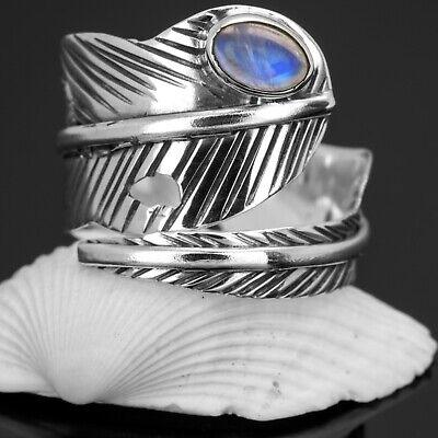Feather Moonstone 925 Ring Sterling Silver Gemstone Leaf Adjustable Gift Boxed - Rios London