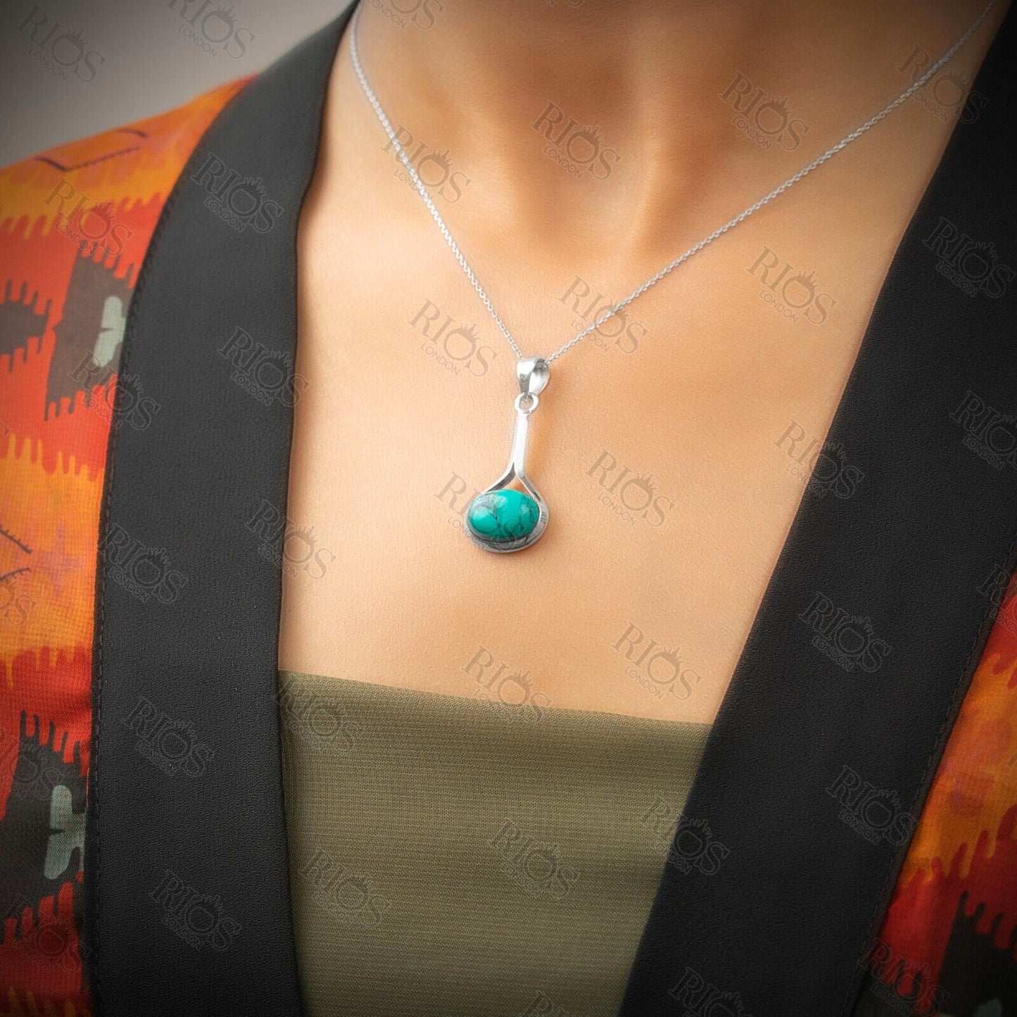 925 Sterling Silver Turquoise Necklace Oval Gemstone Pendant Handmade Gift Boxed