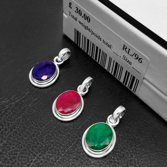 Graceful RUBY SAPPHIRE EMERALD 925 Sterling Silver Pendant Gift Boxed - Rios London