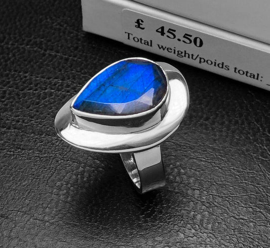LABRADORITE 925 Sterling Silver Facet Cut Gemstone Ladies Gents Ring Gift Boxed - Rios London