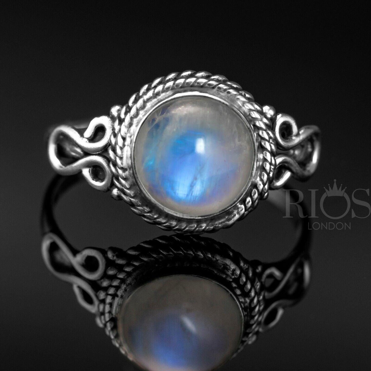 Natural Moonstone 925 Sterling Silver Round Gemstone Ring Gift Boxed
