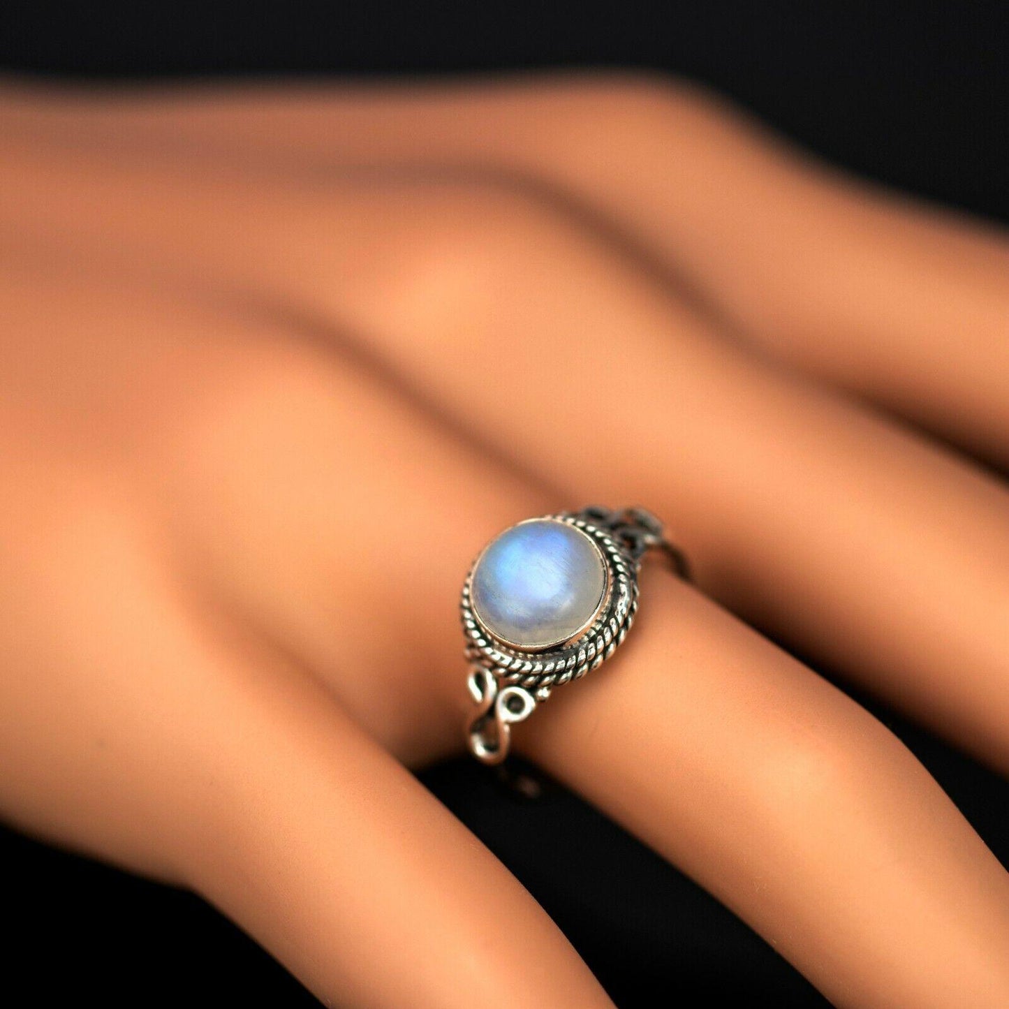 Natural Moonstone 925 Sterling Silver Round Gemstone Ring Gift Boxed