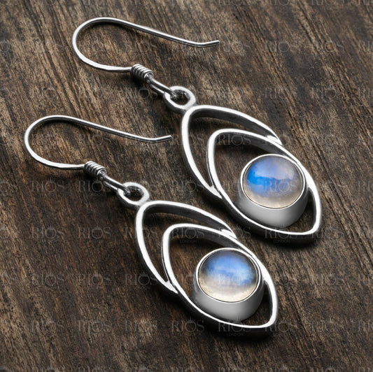 Natural Moonstone Earrings 925 Sterling Silver Drop Dangle Fishbone Gift Boxed - Rios London