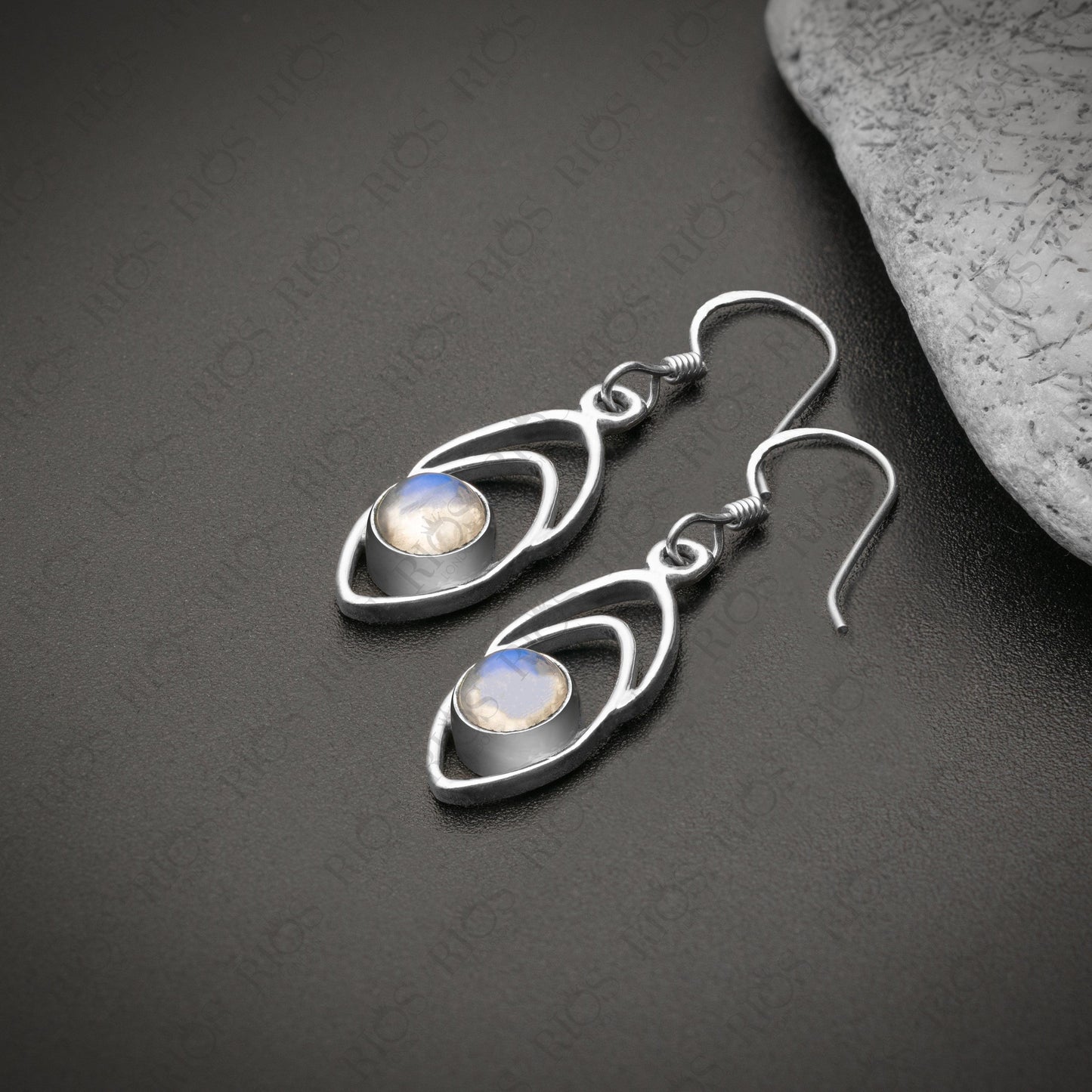 Natural Moonstone Earrings 925 Sterling Silver Drop Dangle Fishbone Gift Boxed - Rios London