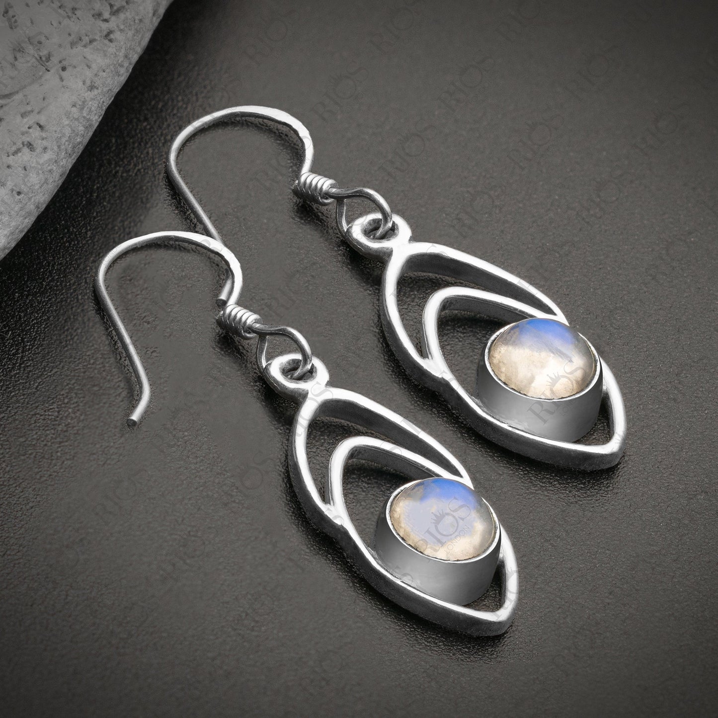 Natural Moonstone Earrings 925 Sterling Silver Drop Dangle Fishbone Gift Boxed - Rios London