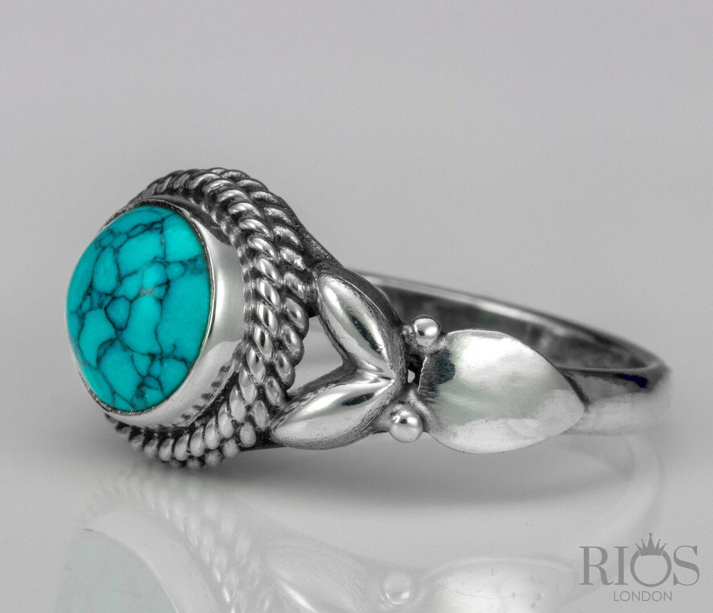 Natural Turquoise 925 Sterling Silver Round Gemstone Ring RRP £36.99 Gift Boxed - Rios London