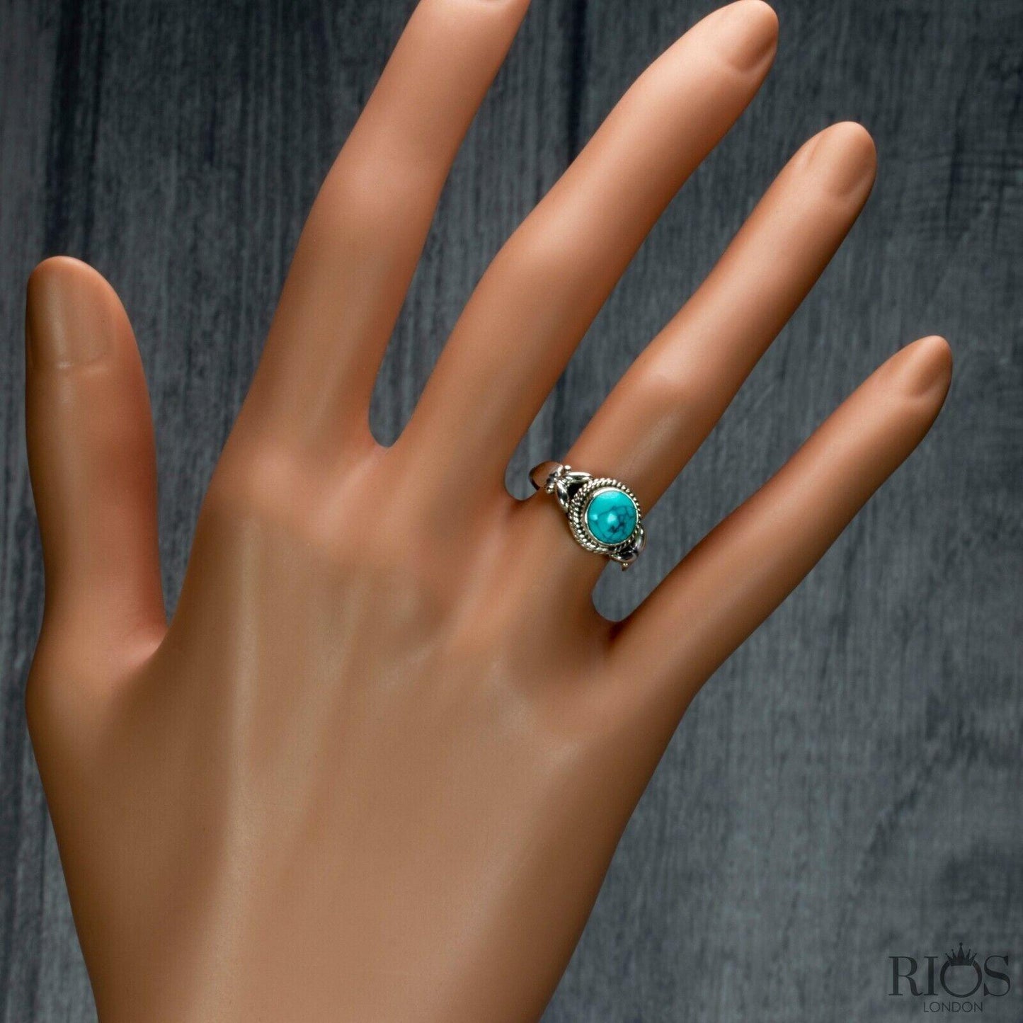 Natural Turquoise 925 Sterling Silver Round Gemstone Ring RRP £36.99 Gift Boxed - Rios London