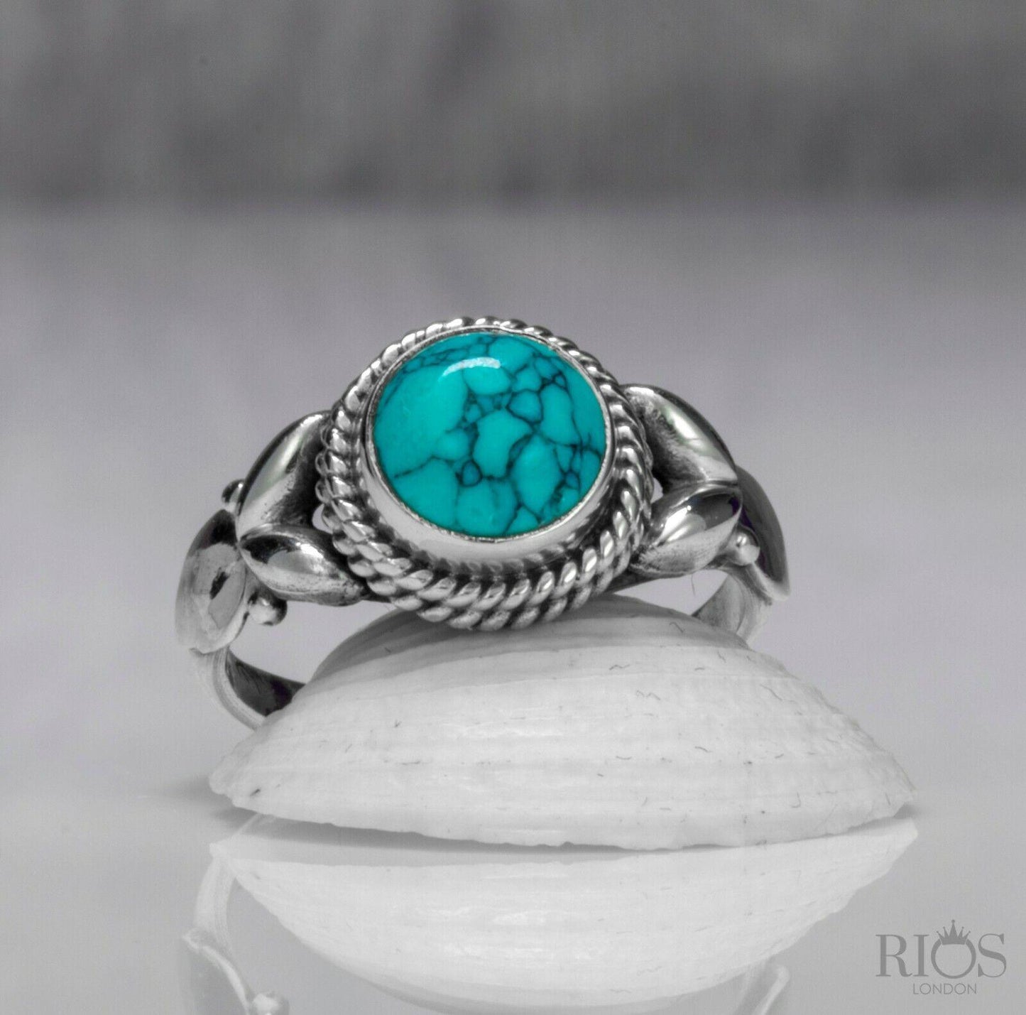 Natural Turquoise 925 Sterling Silver Round Gemstone Ring RRP £36.99 Gift Boxed - Rios London