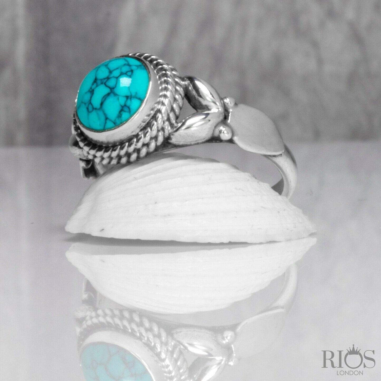 Natural Turquoise 925 Sterling Silver Round Gemstone Ring RRP £36.99 Gift Boxed - Rios London
