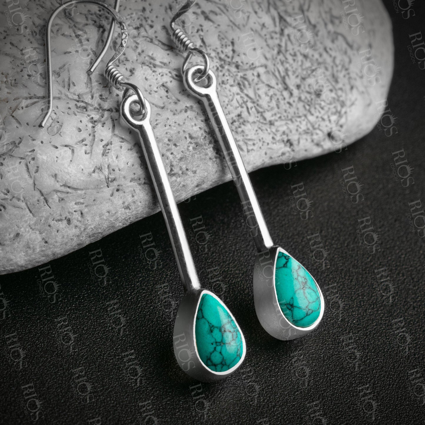 Natural Turquoise Long Earrings 925 Sterling Silver Dangle Drop Stick Gift Boxed - Rios London