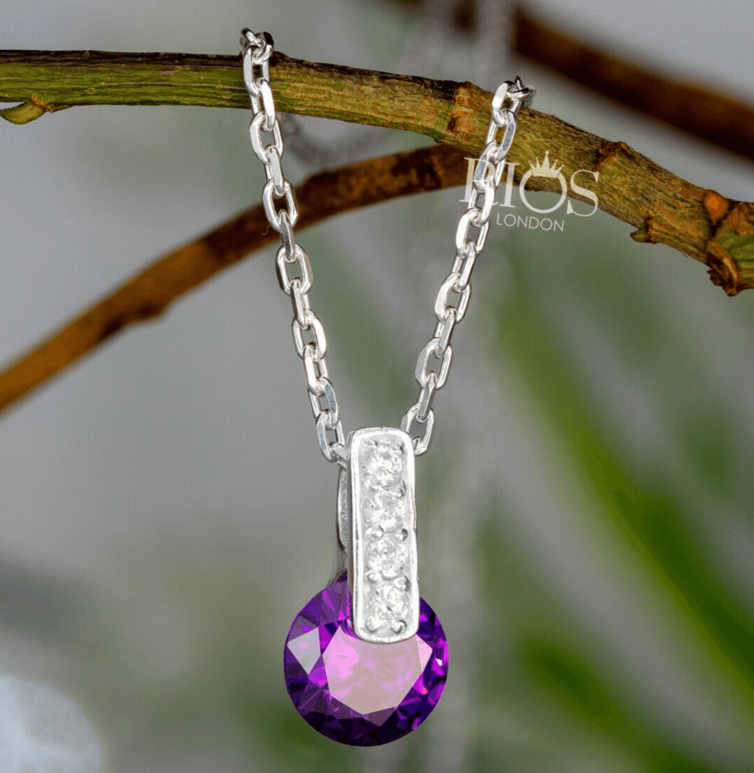 New 925 Sterling Silver Amethyst Purple Lab-Created Gemstone Necklace Gift Boxed - Rios London