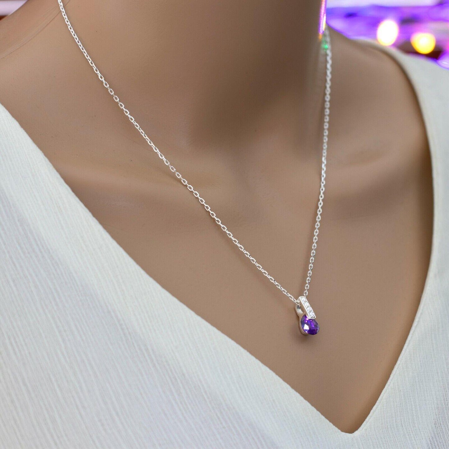 New 925 Sterling Silver Amethyst Purple Lab-Created Gemstone Necklace Gift Boxed - Rios London