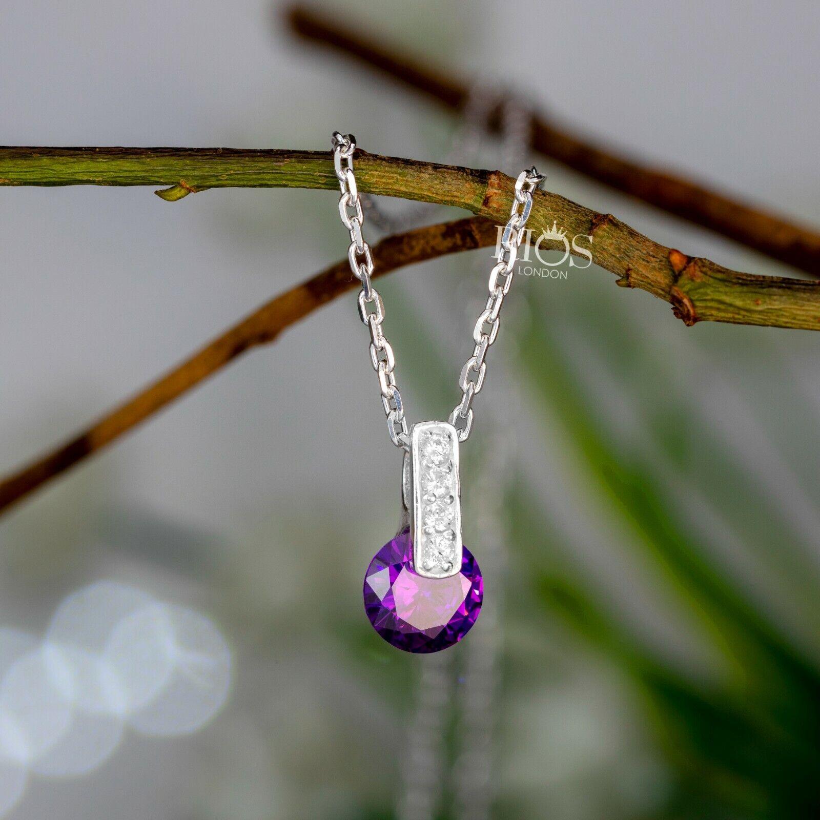 New 925 Sterling Silver Amethyst Purple Lab-Created Gemstone Necklace Gift Boxed - Rios London