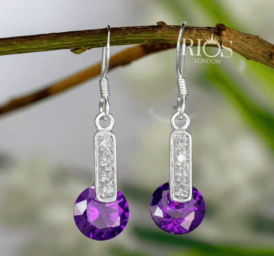New 925 Sterling Silver Amethyst Round Lab-Created Gemstone Earrings Gift Boxed - Rios London