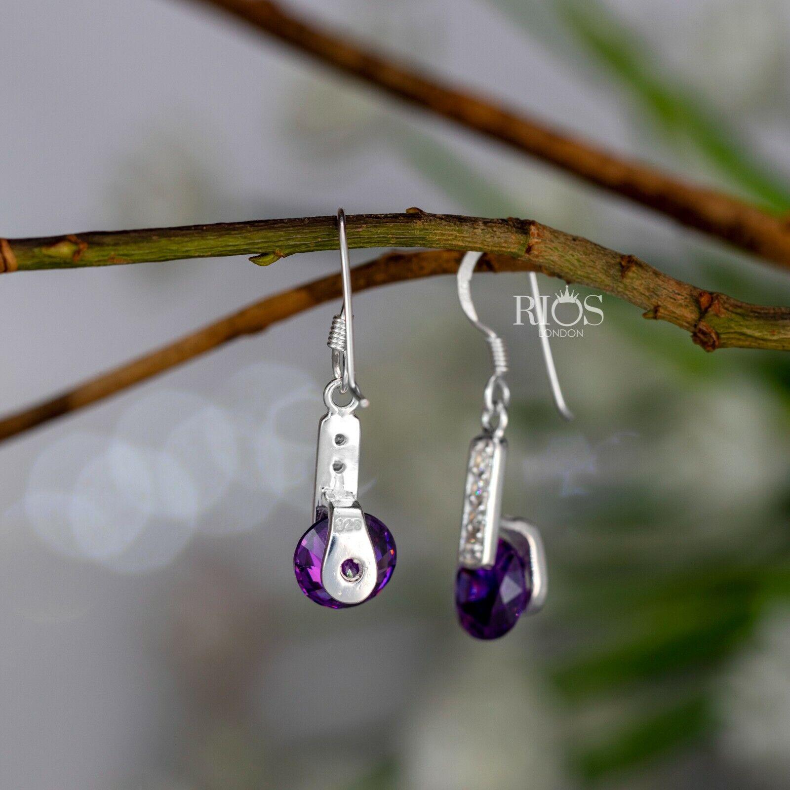 New 925 Sterling Silver Amethyst Round Lab-Created Gemstone Earrings Gift Boxed - Rios London