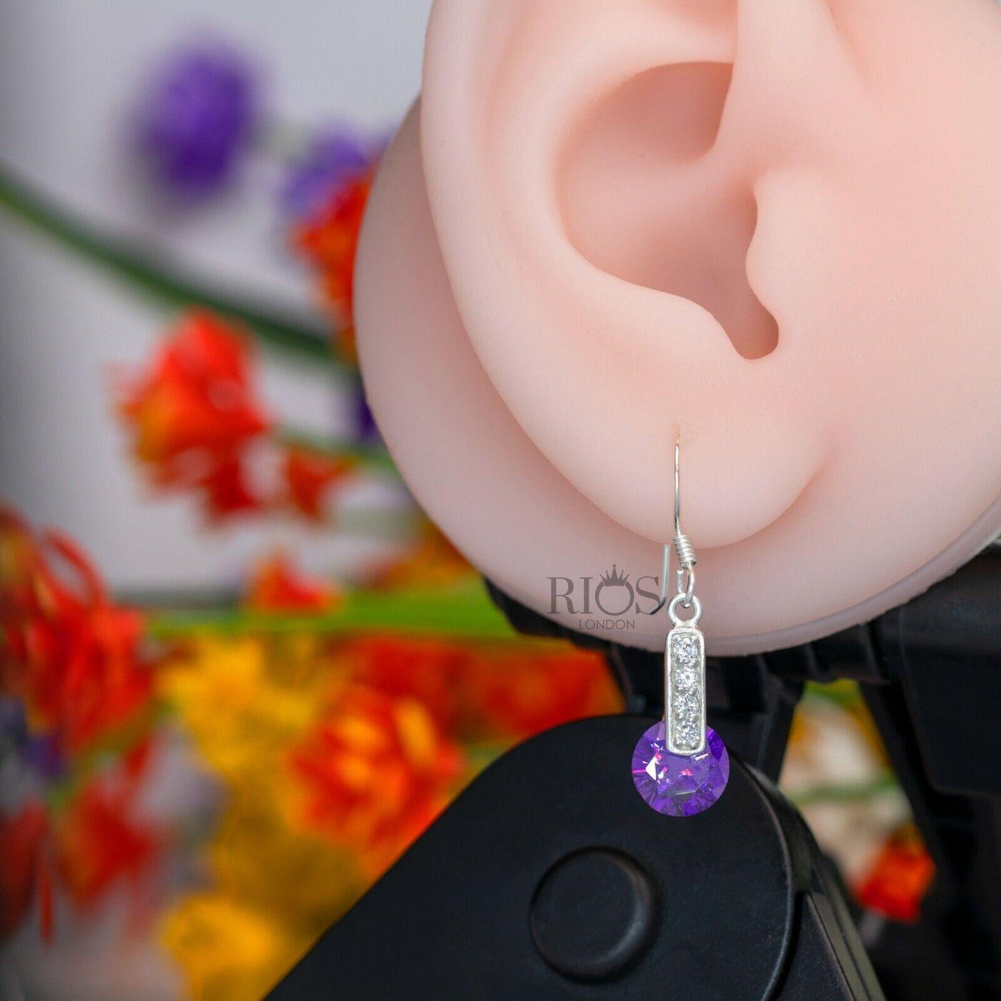 New 925 Sterling Silver Amethyst Round Lab-Created Gemstone Earrings Gift Boxed - Rios London