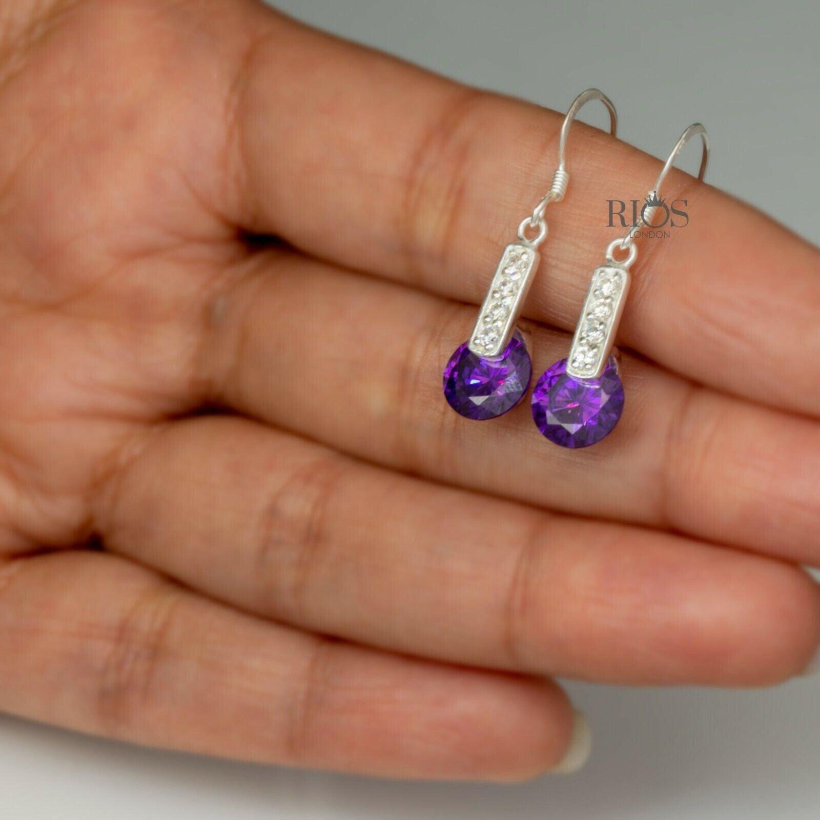 New 925 Sterling Silver Amethyst Round Lab-Created Gemstone Earrings Gift Boxed - Rios London