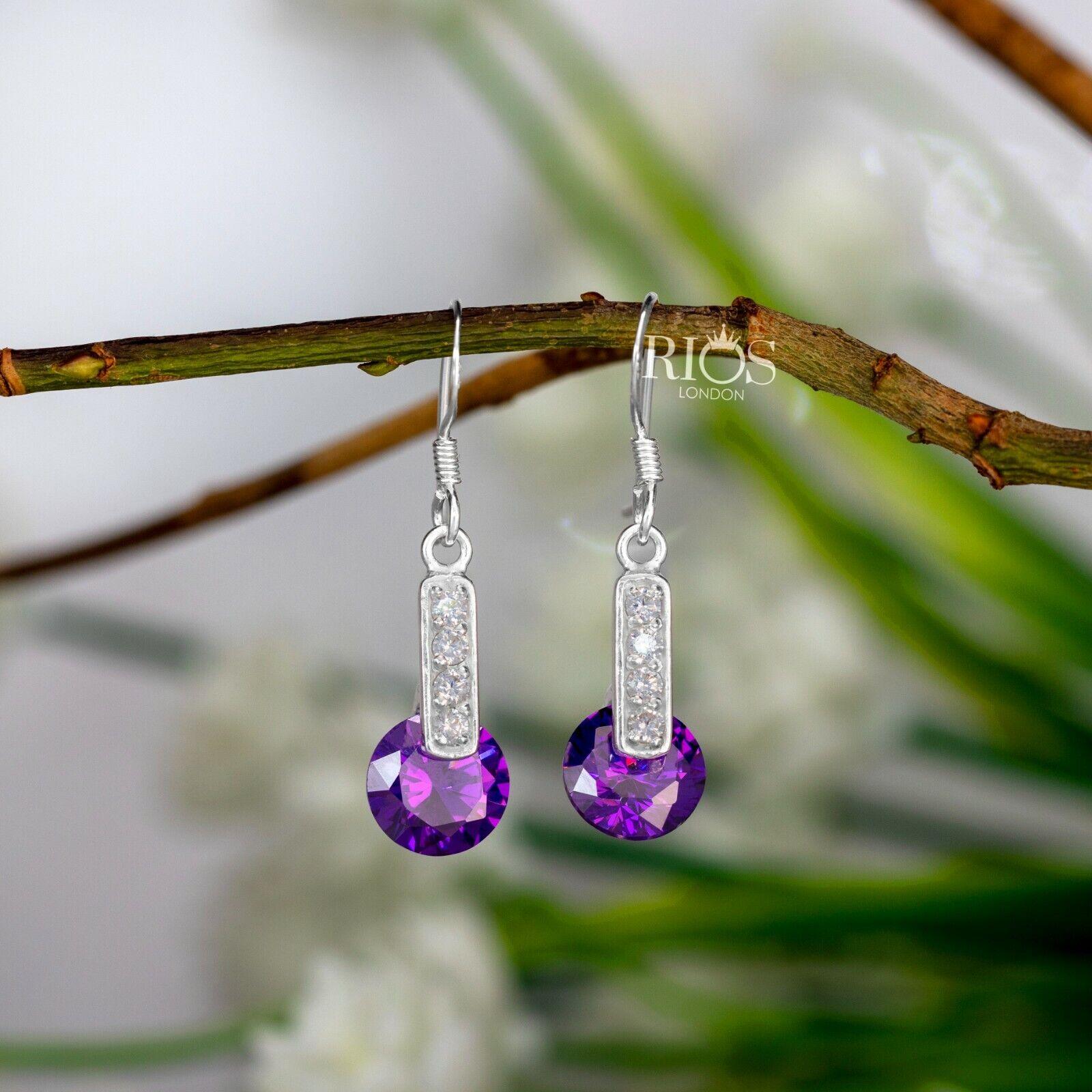 New 925 Sterling Silver Amethyst Round Lab-Created Gemstone Earrings Gift Boxed - Rios London