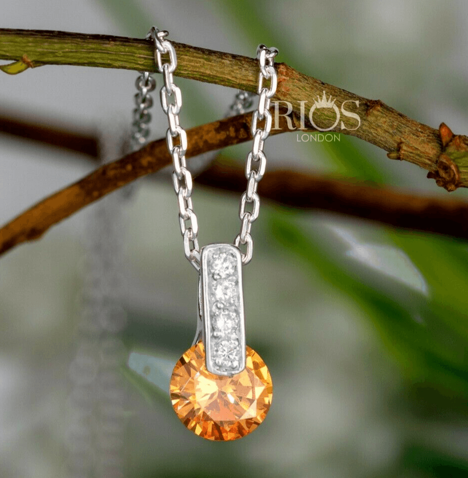 New 925 Sterling Silver Citrine Orange Lab-Created Gemstone Necklace Gift Boxed - Rios London
