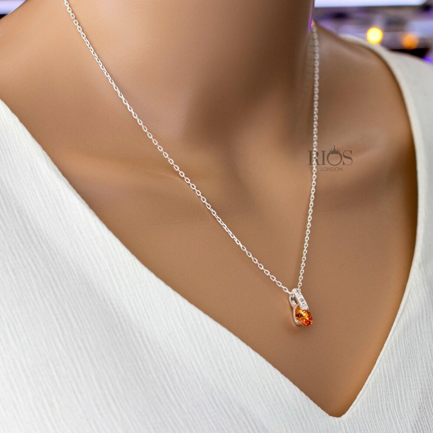 New 925 Sterling Silver Citrine Orange Lab-Created Gemstone Necklace Gift Boxed - Rios London