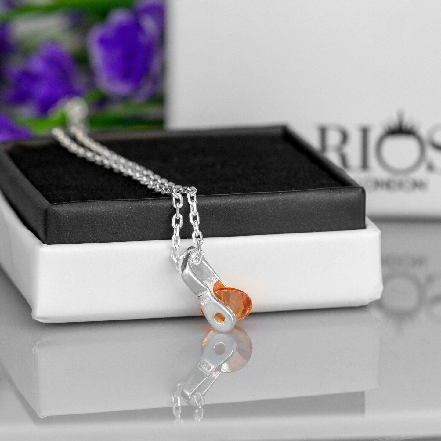 New 925 Sterling Silver Citrine Orange Lab-Created Gemstone Necklace Gift Boxed - Rios London