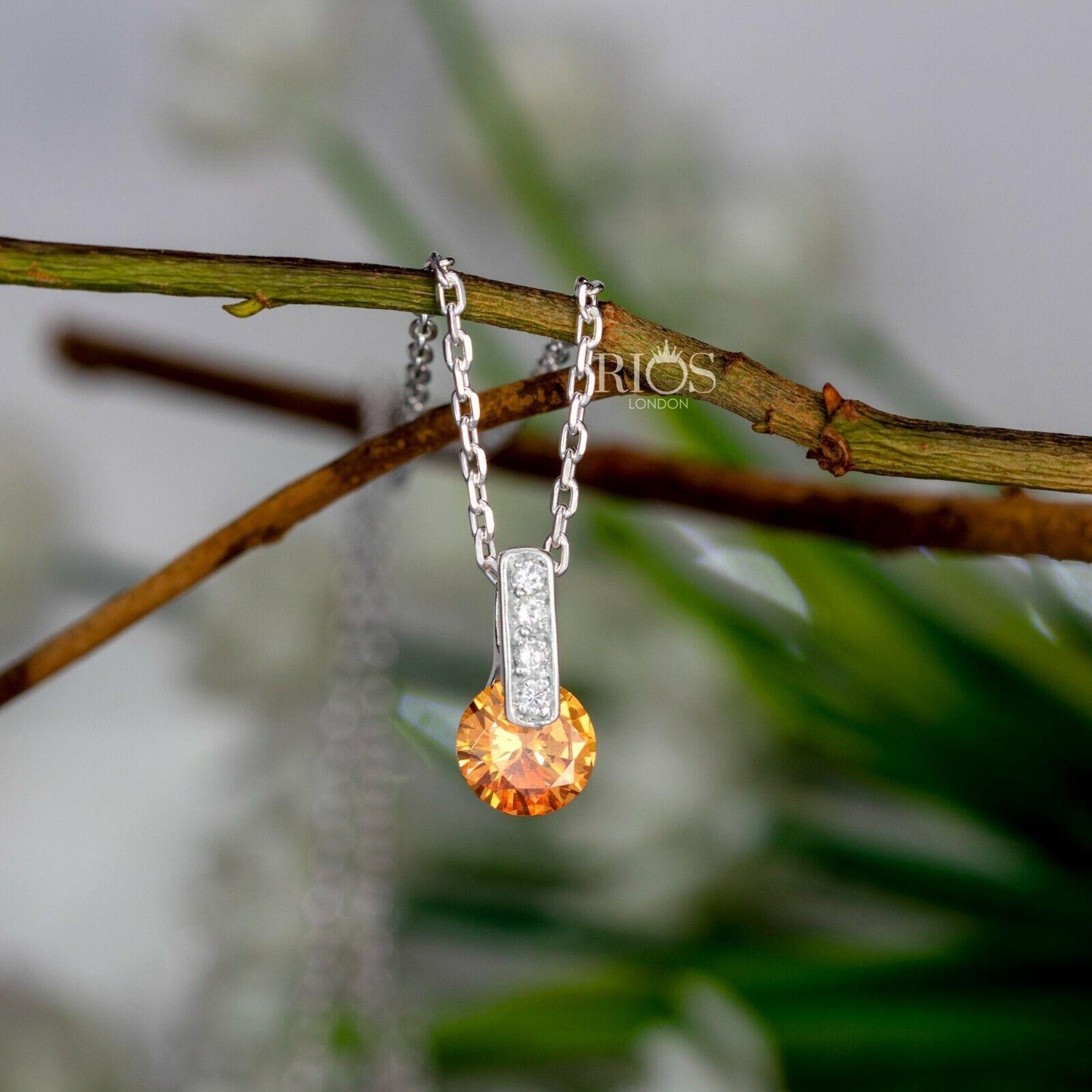 New 925 Sterling Silver Citrine Orange Lab-Created Gemstone Necklace Gift Boxed - Rios London