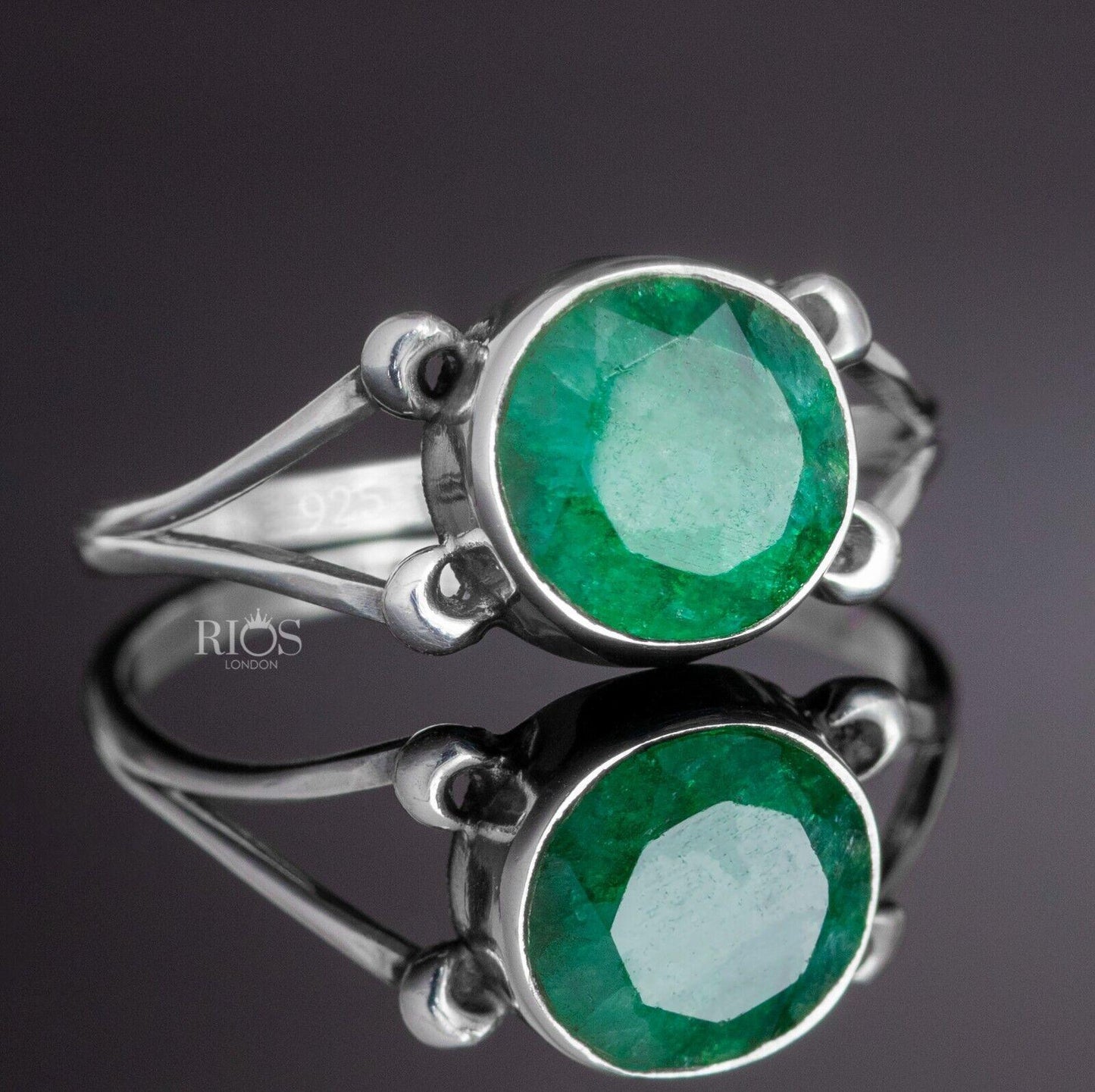 New 925 Sterling Silver Emerald Round Gemstone Women Green Boho Ring Gift Boxed