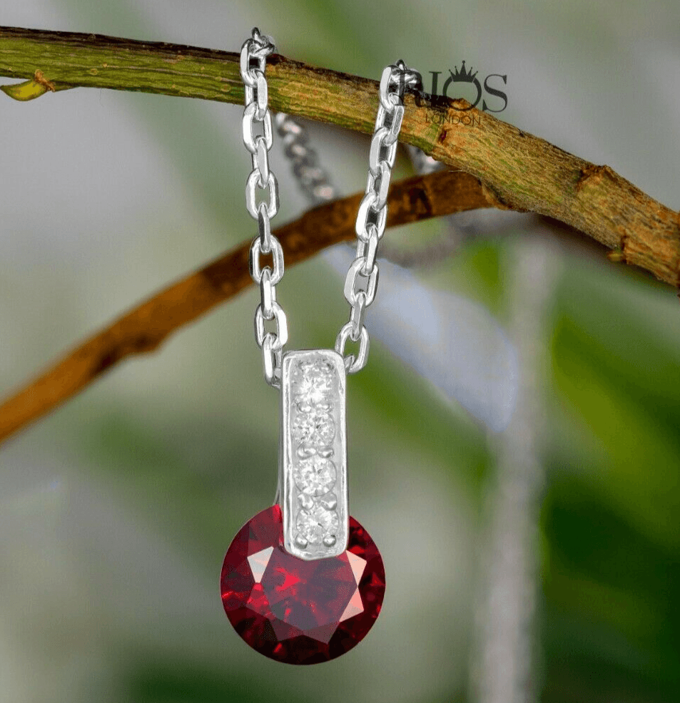 New 925 Sterling Silver Garnet Red Lab-Created Gemstone Necklace Gift Boxed - Rios London